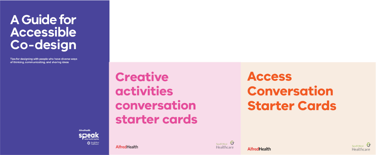 Cover images for Guide for Accessible Co-design, Creative Activities Conversation Starter Cards and Access Conversation Starter Cards