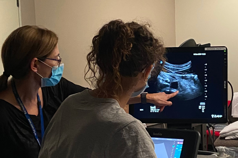 Patient and health professional looking at monitor displaying ultrasound images.