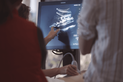 Group of medical professionals performing an ultrasound on a patient
